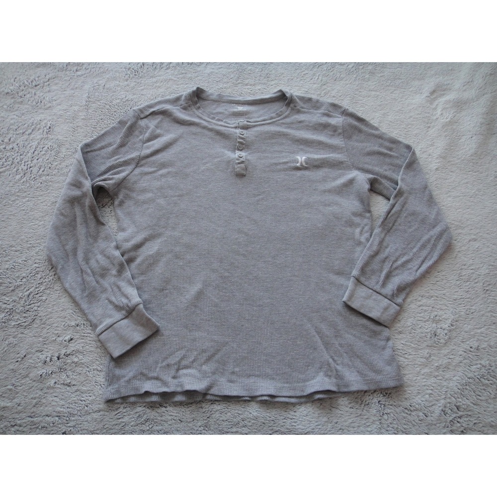 Hurley Men's Waffle Knit Henley Shirt Long Sleeve Gray White Logo Size Medium
